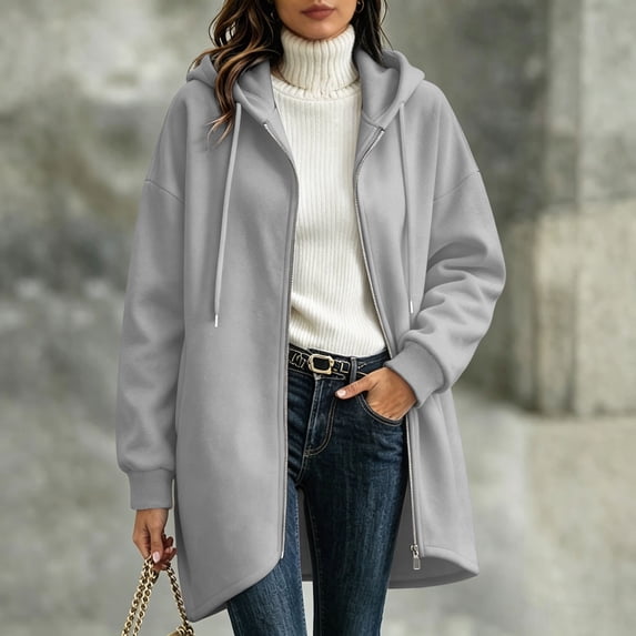 WIZUTIZ Women's Solid Color Zip Up Hoodie Drawstring Hood Mid-Length Sweatshirt Jacket Casual Loose Fit Outerwear with Pockets Fall Winter