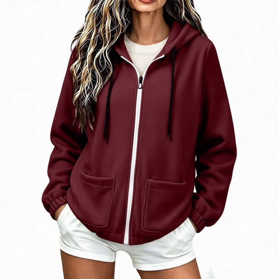 WIZUTIZ Women's Solid Color Zip Up Hoodie Drawstring Hood Pockets Long Sleeve Casual Jacket Lightweight Fall Spring Outerwear