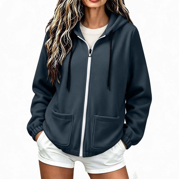 WIZUTIZ Women's Solid Color Zip Up Hoodie Drawstring Hood Pockets Long Sleeve Casual Jacket Lightweight Fall Spring Outerwear