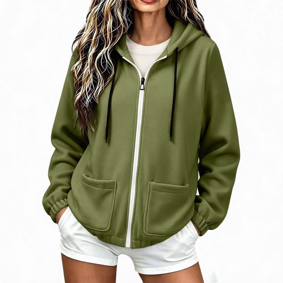 WIZUTIZ Women's Solid Color Zip Up Hoodie Drawstring Hood Pockets Long Sleeve Casual Jacket Lightweight Fall Spring Outerwear