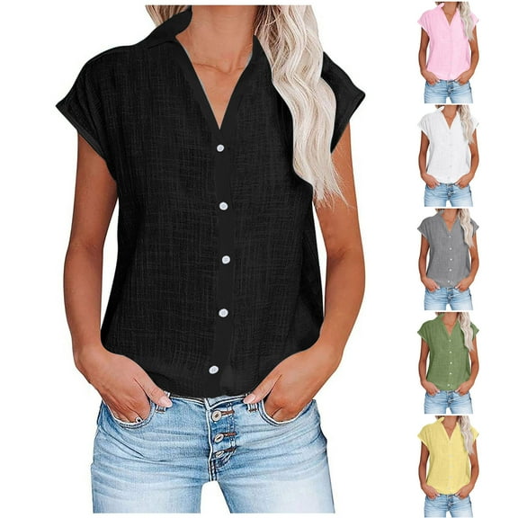 WIZUTIZ Women's Summer Tops Business Casual Tops for Women Solid 1/4 Sleeve Cotton Linen Cap Sleeves Button up T-Shirt Tunic Tops Dressy Shirts Ultra Thin Blouse up to 50% Off Black M