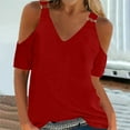thumbnail image 1 of WIZUTIZ Women's Summer Tops Cold Shoulder Wide Straps Solid V-Neck Blouse Casual Breathable Going Out Tops for Women Cotton T-shirt Holiday Tee Sales Red XL, 1 of 4