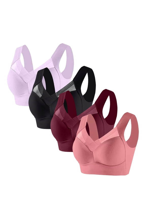 Women's T-Shirt Bra Plus Size Bras for Women 4PCS Supportive Brassiere Wirefree Plunge Comfort Full Coverage Bralettes with Wide Straps Solid Mesh Underwear for Lady Sports L Black