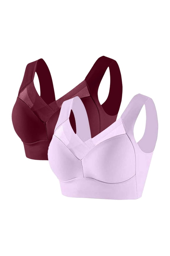 Women's T-Shirt Bra Womens Bralettes 2PCS Supportive Bralettes Wireless Posture Correcting Comfortable Full Coverage Bras with Wide Straps Solid Mesh Underwear for Ladies Running XXL Red