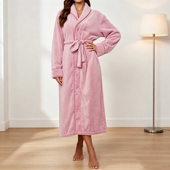 WIZUTIZ Women's Thick Coral Fleece Absorbent Belted Hooded Bathrobe Winter Cozy Loungewear Robe Long Sleeve Sleepwear with Pockets