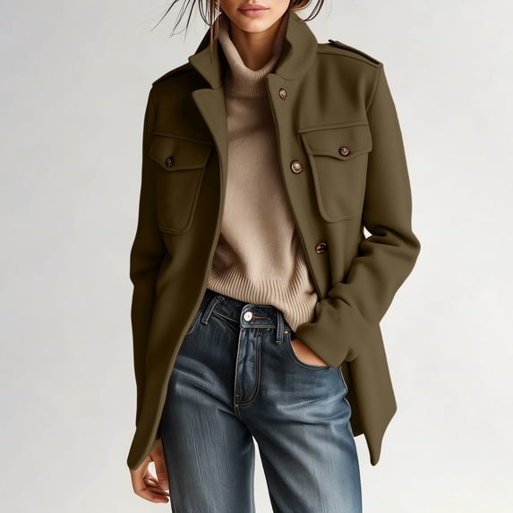 WIZUTIZ Women's Tweed Jacket Stand Collar Long Sleeve Coat with Shoulder Pads and Pockets for Fall Winter Formal