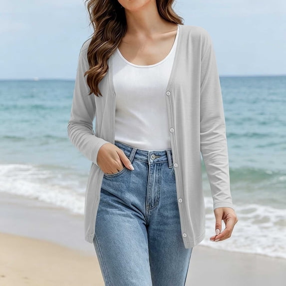 WIZUTIZ Women's V Neck Button Down Cardigan Lightweight Breathable Long Sleeve Sun Protection Tops