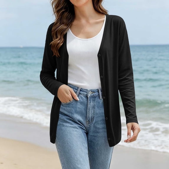 WIZUTIZ Women's V Neck Button Down Cardigan Lightweight Breathable Long Sleeve Sun Protection Tops
