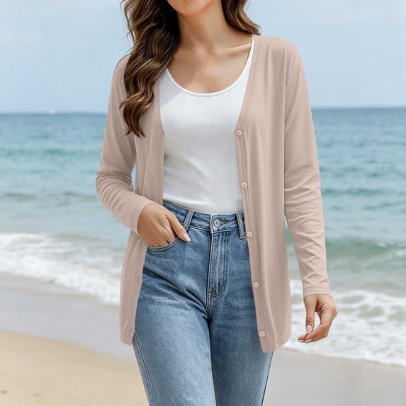 WIZUTIZ Women's V Neck Button Down Cardigan Lightweight Breathable Long Sleeve Sun Protection Tops