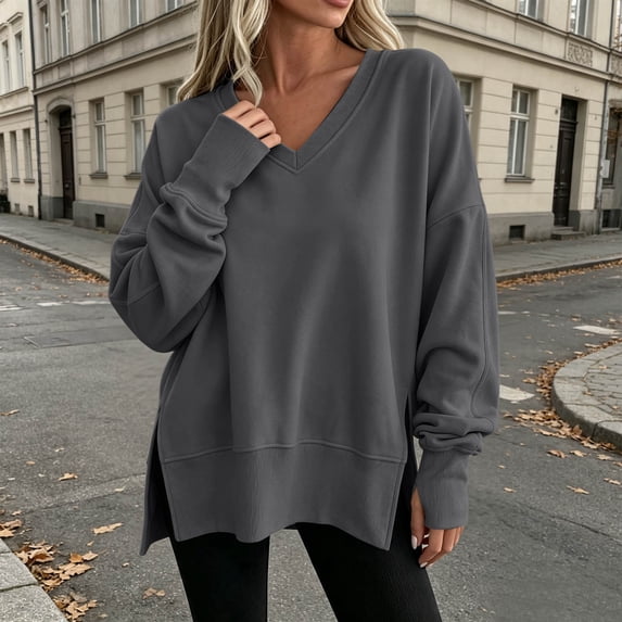 WIZUTIZ Women's V-Neck Side Slit Long Sleeve Sweatshirt Casual Fall Fashion Pullover Solid Color Polyester Blend Trendy Top