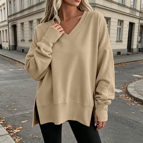 WIZUTIZ Women's V-Neck Side Slit Long Sleeve Sweatshirt Casual Fall Fashion Pullover Solid Color Polyester Blend Trendy Top