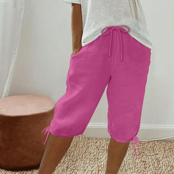 WIZUTIZ Womens Athletic Shorts Leisure Wide Leg Active Loose Shorts Mid Rise Solid Shorts Knee-Length with Pockets Tie Side Jogging Trousers for Lady Breathable Shopping Pink Linen