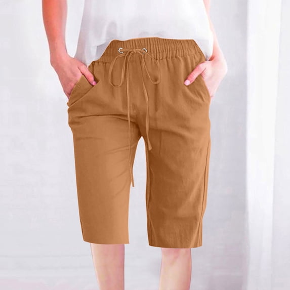 WIZUTIZ Womens Bermuda Shorts Long Straight Leisure Active Fitted Shorts High Waist Solid Shorts Knee-Length with Pockets Drawstring Shorts for Ladies Elastic Travel Multi-Color Linen