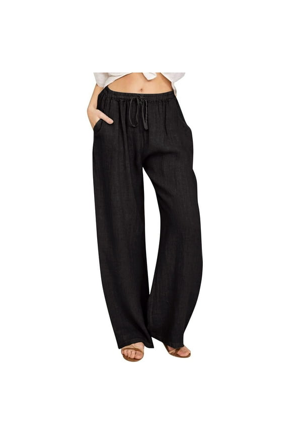 Womens Business Casual Pants Comfy Leisure Loose Wide Leg Beach Pants Elastic Stretch High Rise Palazzo Pants Solid Drawstring with Pockets Slacks Pants Fitness Travel Black