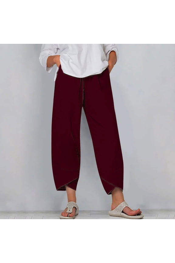 Womens Capri Pants Retro Leisure Baggy Wide Leg Slacks Pants Stretch Elastic Mid Rise 3/4 Length Slacks Pants Solid Cropped with Pockets Pants for Lady Athletic Outdoor Brown