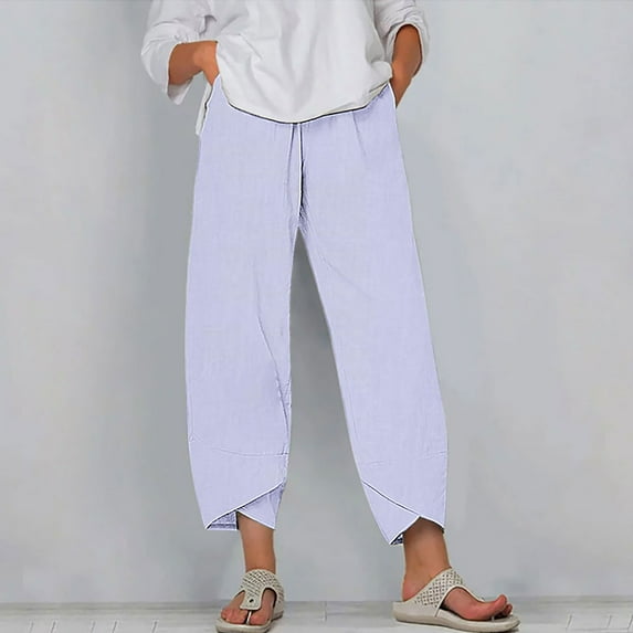 WIZUTIZ Womens Capris for Summer Plain Casual Loose Wide Leg Palazzo Pants Spandex Elastic Mid Rise 3/4 Length Slacks Pants Solid Cut Off with Pockets Palazzo Pants for Lady Hiking Beach Blue