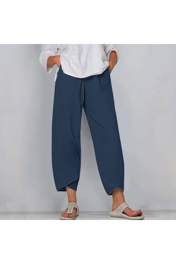 Womens Capris for Summer Retro Relaxed Loose Wide Leg Slacks Pants Elastic Stretch Mid Rise 3/4 Length Beach Pants Solid Tailored with Pockets Pants for Ladies Tiktok Trend Items Beach Blue