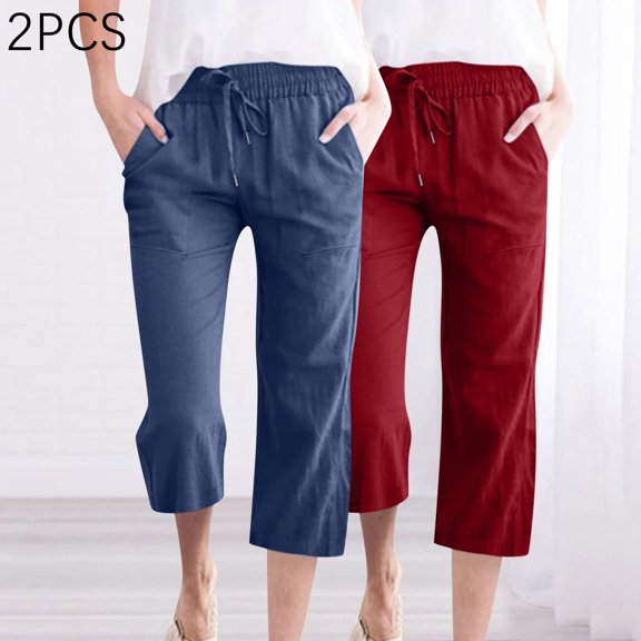 WIZUTIZ Womens Capris for Summer Soft Leisure Relaxed Fit Wide Leg Slacks Pants Elastic Spandex Mid Rise Beach Pants Solid 2-Pack Drawstring with Pockets Cropped pants Tiktok Trend Items Date Red