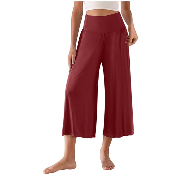 WIZUTIZ Womens Capris for Summer Thin Casual Relaxed Fit Wide Leg Beach Pants Elastic Stretch Mid Rise 3/4 Length Sweatpants Solid Flowy Smocked Cropped pants for Lady Workout Beach Red