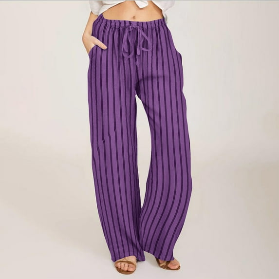 WIZUTIZ Womens Casual Pants Plain Stylish Loose Wide Leg Palazzo Pants Elastic Stretch High Waist 7/8 Length Trousers Solid Drawstring with Pockets Dress Pants for Lady Gym Date Purple