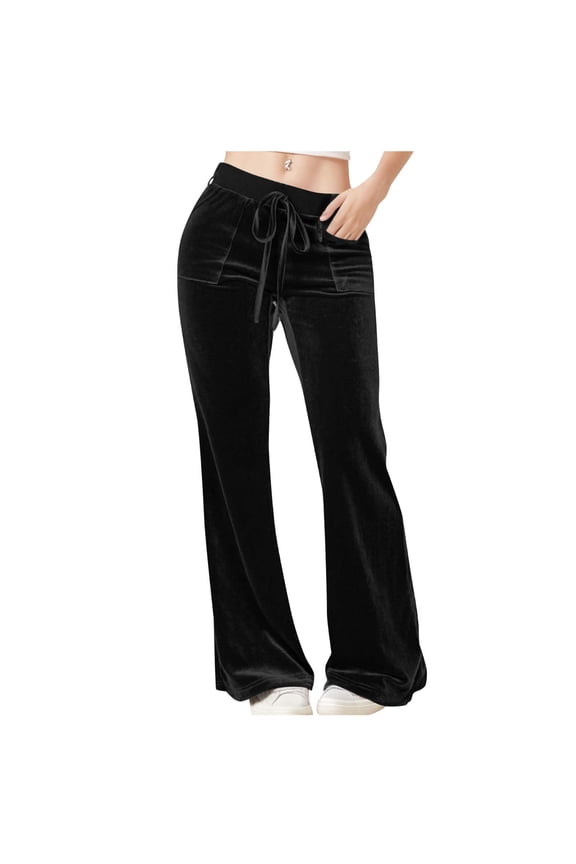 Womens Casual Pants Plain Trendy Loose Wide Leg Slacks Pants Elastic Stretch High Rise 7/8 Length Beach Pants Solid Drawstring Flared with Pockets Slacks Pants for Teen Girls Gym Travel Black