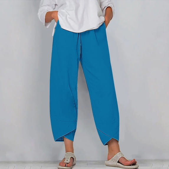 WIZUTIZ Womens Casual Pants Thin Casual Loose Wide Leg Beach Pants Elastic Stretch High Waist Full Length Trousers Solid Asymmetrical Cropped Pants for Teen Girls Fitness Vacation Blue