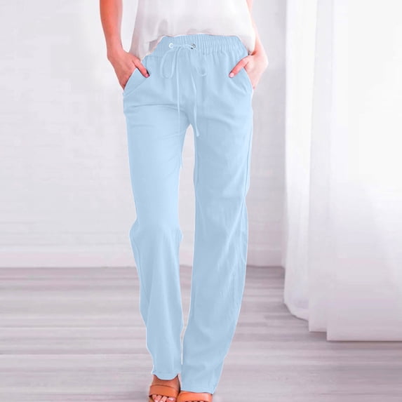 WIZUTIZ Womens Casual Pants Ultra Thin Leisure Loose Wide Leg Palazzo Pants Spandex Elastic High Rise Full Length Beach Pants Solid Drawstring with Pockets Palazzo Pants for Lady Sports Vacation Blue