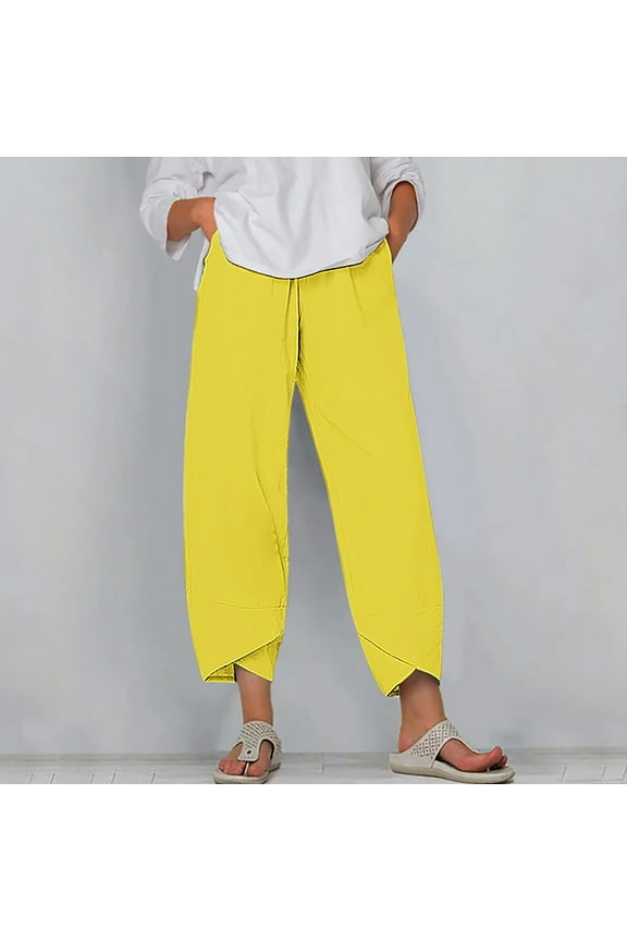 Womens Casual Pants Ultra Thin Trendy Relaxed Fit Wide Leg Summer Pants Elastic Spandex High Rise Trousers Solid Asymmetrical Cropped Dress Pants Business Vacation Yellow