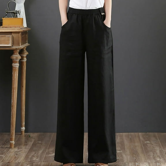 WIZUTIZ Womens Dress Pants Retro Leisure Relaxed Fit Wide Leg Summer Pants Spandex Elastic High Rise Full Length Trousers Solid with Pockets Beach Pants for Teen Girls Dance Vacation Black