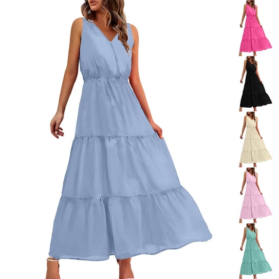 WIZUTIZ Womens Dresses Casual Leisure Elastic High Rise Smocked Ruffled Solid Vacation Dress Sleeveless V-Neck Pleated Dress for Women's Ankle-Length Super Soft Birthday Dress Green