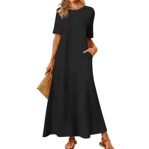 WIZUTIZ Womens Dresses Casual Trendy Loose Fit Swing with Pockets Plain Solid Vacation Dress Short Sleeve Crew Neck Pleated Dress for Women's Ankle-Length Comfy Dress Black