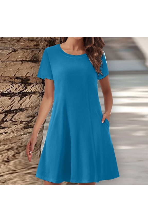 Womens Dresses with Pockets Relaxed Fit Plus Size A Line Dress Flowy Solid Shift Dress Short Sleeve Crew Neck Shift Dress for Ladies Mini Dress Comfy Dress Blue