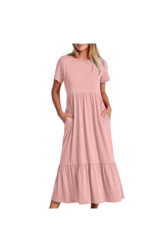 Womens Dresses with Pockets Stylish Plus Size Tiered Dress Pleated Solid Peplum Dress Short Sleeve Round Neck Shift Dress for Women's Midi Dress Wrinkle-Free Dress Pink