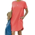 thumbnail image 1 of WIZUTIZ Womens Dresses with Pockets Stylish Plus Tshirt Dress Roll-Cuff Solid Beach Dress Short Sleeve Crew Neck Shift Dress for Lady Mini Dress Stretchy Dress Red, 1 of 6
