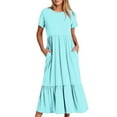 thumbnail image 1 of WIZUTIZ Womens Dresses with Pockets Trendy Plus Size Flowy Tiered Dress with Ruffled Smocked Solid Sun Dresses Short Sleeve Round Neck Sun Dresses for Teen Girls Midi Dress Comfy Dress Blue, 1 of 5