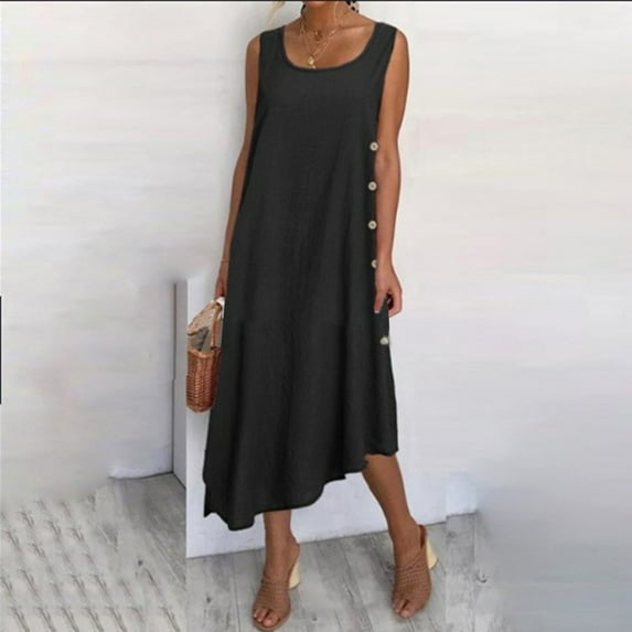 WIZUTIZ Womens Dresses Summer Baggy Comfy Midi Dress Solid Pleated Dress Round Neck Sleeveless Vacation Dress for Teen Girls Button Down Asymmetrical Comfy Birthday Dress Black L