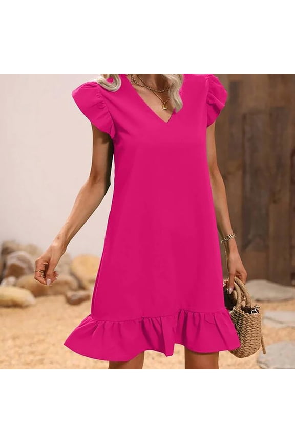 Womens Dresses Summer Stretch Relaxed Fit High Waist Mini Dress Solid Vacation Dress V-Neck Sleeveless Beach Dress for Lady Ruffle Hem Linen Outdoor Dress Hot Pink S