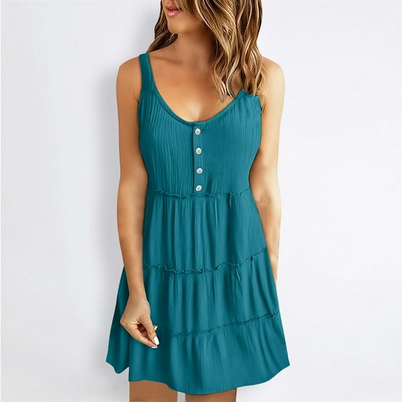 WIZUTIZ Womens Dresses Summer Stylish Comfy High Waist Mini Dress Solid Tank Dress U Neck Sleeveless Vacation Dress for Womens Button Down Leisure Cocktail Dress Green S