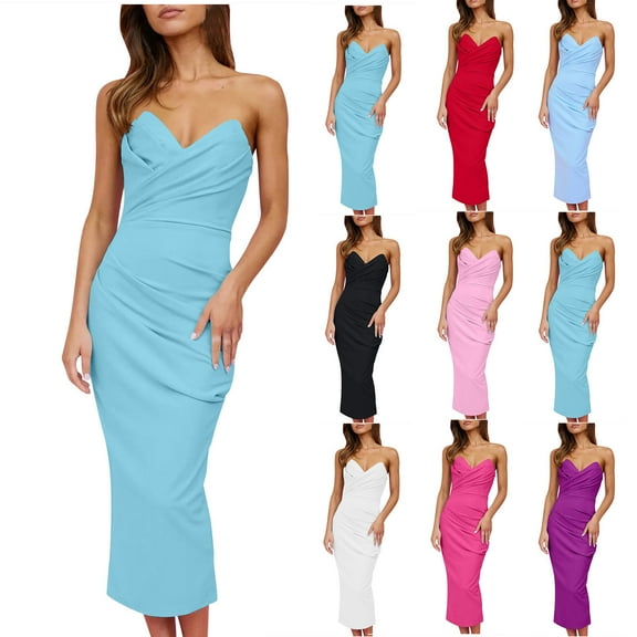 WIZUTIZ Womens Dresses Summer Stylish Slim Fit Tube Bandeau Pleated Solid Sun Dresses Sleeveless V-Neck Vacation Dress for Ladies Midi Dress Comfy Party Dress Blue