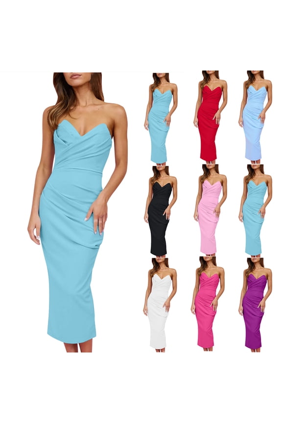 Womens Dresses Summer Stylish Slim Fit Tube Bandeau Pleated Solid Sun Dresses Sleeveless V-Neck Vacation Dress for Ladies Midi Dress Comfy Party Dress Blue