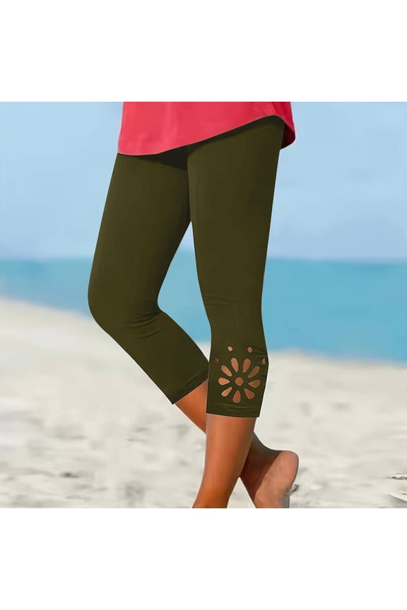 Womens Gym Leggings Capri Ultra Thin Trendy Fitted Cutout Yoga Cropped Pants Spandex Elastic Mid Rise 3/4 Length Cropped Pants Solid Trousers for Ladies Activewear Vacation Green