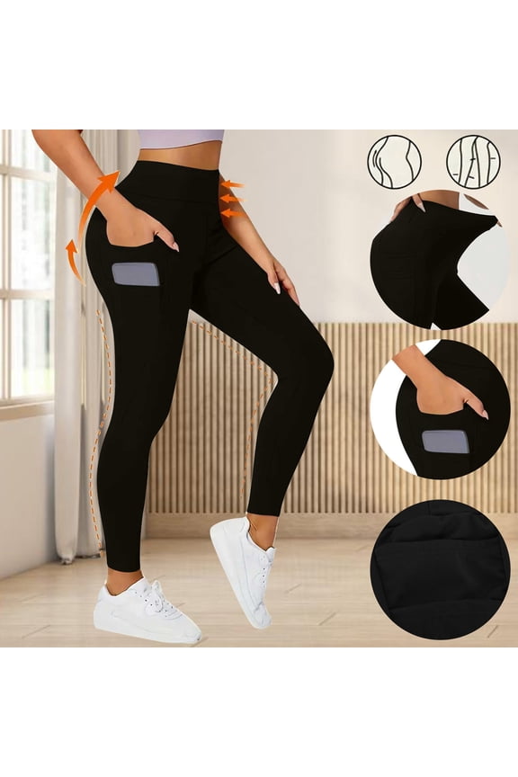 Womens Leggings Retro Relaxed Slimming with Pockets Yoga Pants Elastic Stretch High Waist Full Length Pants Solid Leggings for Ladies Athletic Work Black