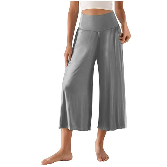 WIZUTIZ Womens Linen Pants Capris Lightweight Stylish Relaxed Fit Wide Leg Sweatpants Elastic Spandex Mid Rise 3/4 Length Beach Pants Solid Flowy Smocked Trousers for Teen Girls Dance Travel Gray
