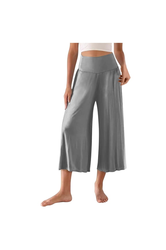Womens Linen Pants Capris Lightweight Stylish Relaxed Fit Wide Leg Sweatpants Elastic Spandex Mid Rise 3/4 Length Beach Pants Solid Flowy Smocked Trousers for Teen Girls Dance Travel Gray