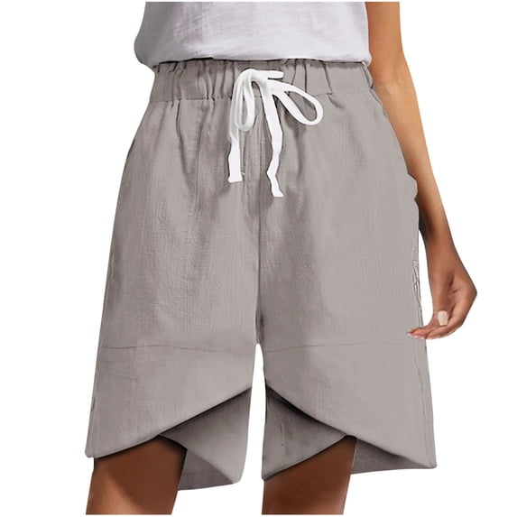 WIZUTIZ Womens Long Shorts Wide Leg Leisure Active Baggy Shorts High Rise Solid Shorts Knee-Length with Pockets Drawstring Asymmetrical Shorts for Lady Stretchy Beach Silver Linen