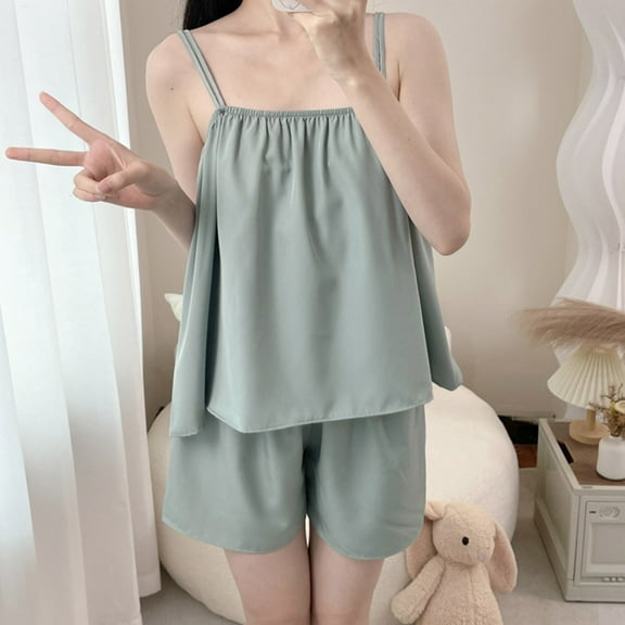 WIZUTIZ Womens Pajamas Set Plain Leisure 2 Piece Homewear Spaghetti Strap Tank Top&Shorts Elastic Stretch Shorts Solid Smocked Backless Camisoles Wide Leg Shorts Pj Sets Running Weekend Green
