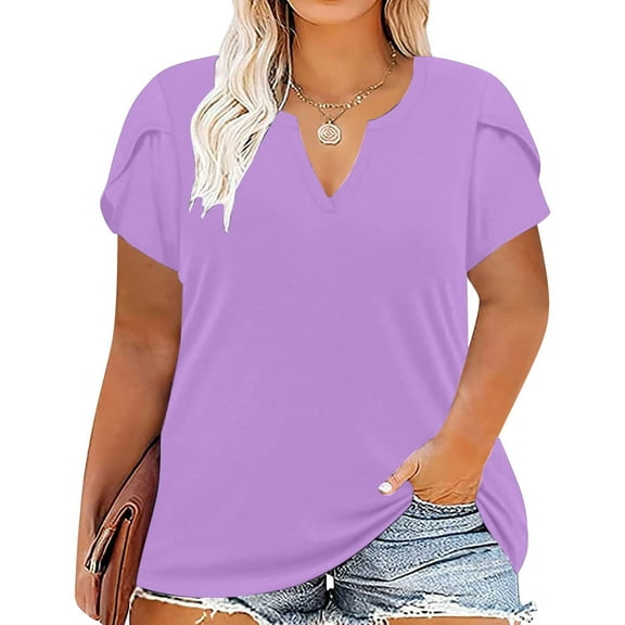 WIZUTIZ Womens Shirts Holiday Saving Cozy Style Holiday Beach Plus Tshirts Short Sleeve Cotton Soft Ladies Tops Plain V-Neck Plus Size Tshirt Cotton Blend Trendy Shirts Lightweight Solid Tee Purple