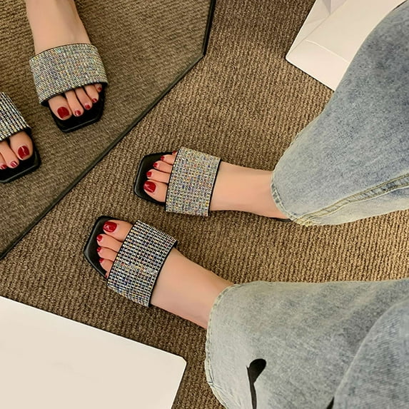 WIZUTIZ Womens Shower Shoes Vintage Comfortable Walking Womens Summer Sandals Jeweled Shimmer BOHO Slippers Square Toe Shower Shoes Beach Shower Shoes Outdoor Non-Slip Slide Sandals Anniversary Gifts