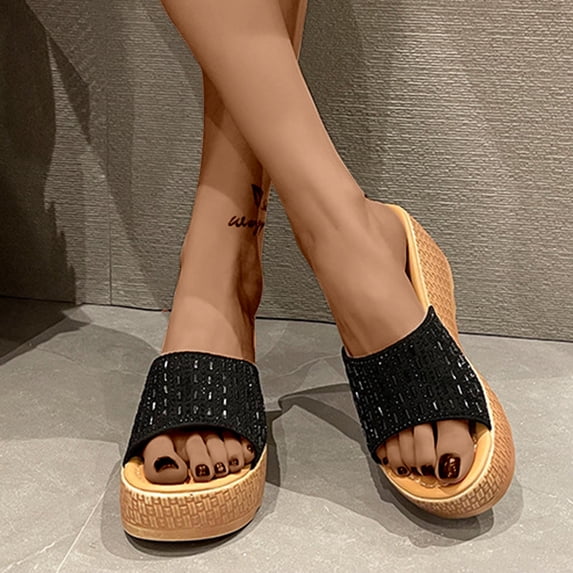 WIZUTIZ Womens Shower Shoes Walking Casual Retro Women's Slide Sandals Summer Rhinestone Sparkly Slide Sandals Wedge Sandals Platform Heels Slides Knitted BOHO Beach Sandals Outdoor Sandals