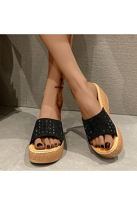 Womens Shower Shoes Walking Casual Retro Women's Slide Sandals Summer Rhinestone Sparkly Slide Sandals Wedge Sandals Platform Heels Slides Knitted BOHO Beach Sandals Outdoor Sandals